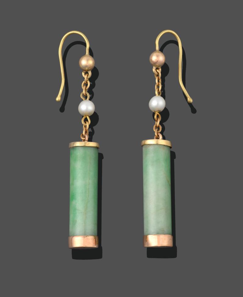 Lot 2029 - A Pair of Jade and Cultured Pearl Drop Earrings, jade barrels in yellow rubbed over settings...