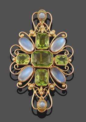 Lot 2040 - A Peridot and Moonstone Plaque Brooch, five emerald-cut peridots in a cross motif with four...