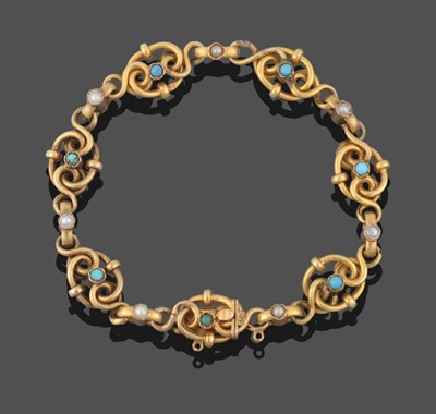 Lot 2049 - A Turquoise and Seed Pearl Bracelet, a fancy link yellow chain set throughout with seven...