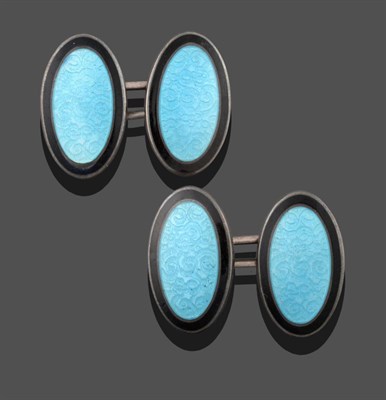 Lot 2059 - A Pair of Black and Blue Enamelled Cufflinks, chain linked oval blue panels within a black...