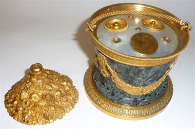 Lot 977 - A French Palais Royal Style Gilt Metal Marble and Mother-of-Pearl Encrier and Cover, of drum...