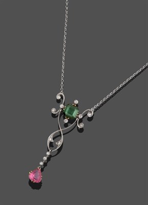 Lot 2074 - An Early 20th Century Diamond, Pink and Green Tourmaline Necklace, an octagonal step cut green...