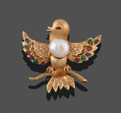 Lot 2099 - A Cultured Pearl, Ruby, Emerald, Sapphire and Diamond Bird Brooch, the bird realistically...