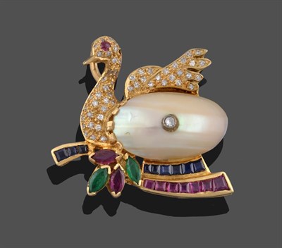 Lot 2101 - A Mother-of-Pearl, Ruby, Emerald, Sapphire and Diamond Swan Pendant, the swan realistically...