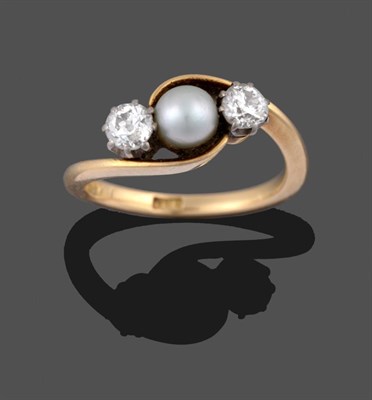 Lot 2108 - A Cultured Pearl and Diamond Three Stone Ring, the cultured pearl flanked by old cut diamonds...