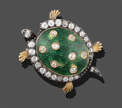 Lot 2126 - An Enamel and Diamond Tortoise Brooch, its body enamelled in green and set throughout with old...