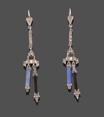 Lot 2130 - A Pair of Art Deco Drop Earrings, a fixed bar suspends a triangular motif to two further drops, set