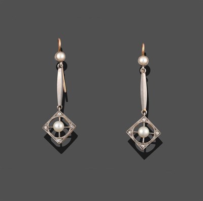 Lot 2131 - A Pair of Cultured Pearl and Diamond Drop Earrings, a cultured pearl in a white millegrain...