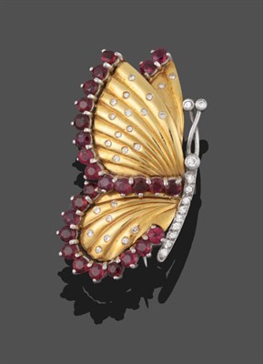 Lot 2154 - An 18 Carat Gold Ruby and Diamond Butterfly Brooch, the butterfly realistically modelled with...