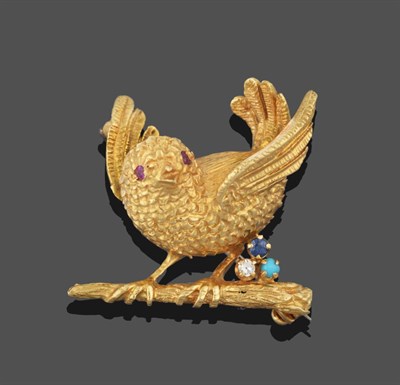 Lot 2156 - An 18 Carat Gold Sapphire, Diamond, Turquoise and Ruby Chick Brooch, the chick modelled with...