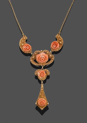 Lot 2166 - A Coral Necklace, three graduated carved coral roses to a central drop of two carved coral...