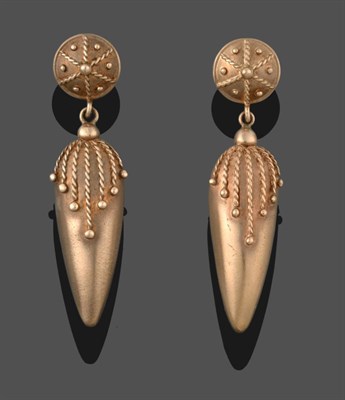 Lot 2175 - A Pair of Yellow Metal Drop Earrings, a circular stud suspending pear-shaped drops, both with...