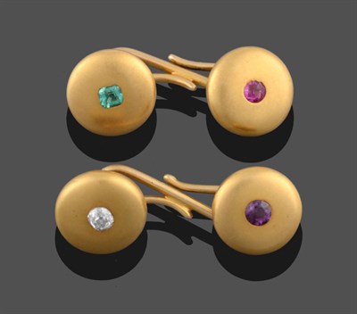Lot 2185 - A Pair of Gem Set Cufflinks, circular yellow metal panels attached by S-shaped links each set...