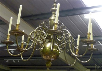 Lot 990 - A Flemish Brass Eight-Branch Chandelier, in 17th century style, of baluster and ball form with...