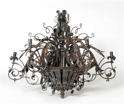 Lot 991 - A Wrought Iron Six-Branch Electrolier, in Renaissance style, the acanthus leaf sheathed scroll...