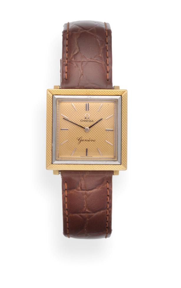 Lot 2197 - An 18ct Gold Square Shaped Wristwatch, signed Omega, Geneve, 1963, (calibre 620) lever movement...