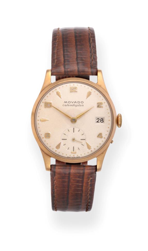 Lot 2202 - A 9ct Gold Calendar Wristwatch, signed Movado, model: Calendoplan, 1953, (calibre 128) lever...