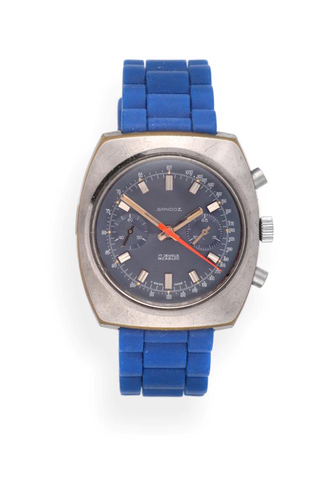 Lot 2204 - A Chrome Plated Chronograph Wristwatch, signed Sandoz, circa 1975, (calibre Landeron 248) lever...