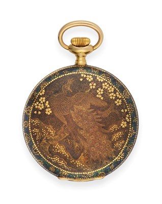 Lot 2205 - A Gilt Metal Open Faced Pocket Watch Elaborately Decorated with Peacocks, early 20th century, lever