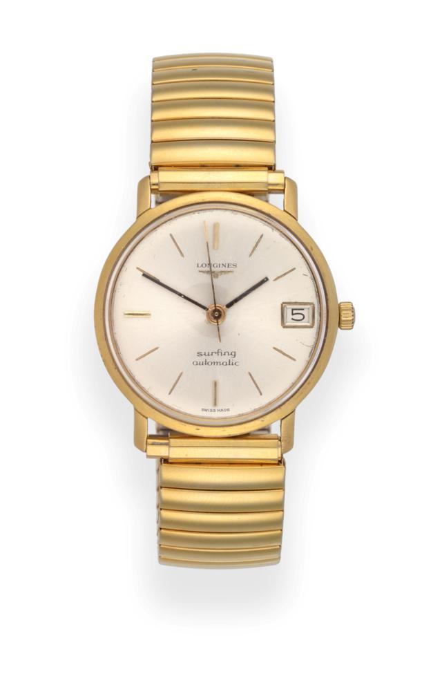Lot 2210 - An 18ct Gold Automatic Calendar Centre Seconds Wristwatch, signed Longines, model: Surfing,...