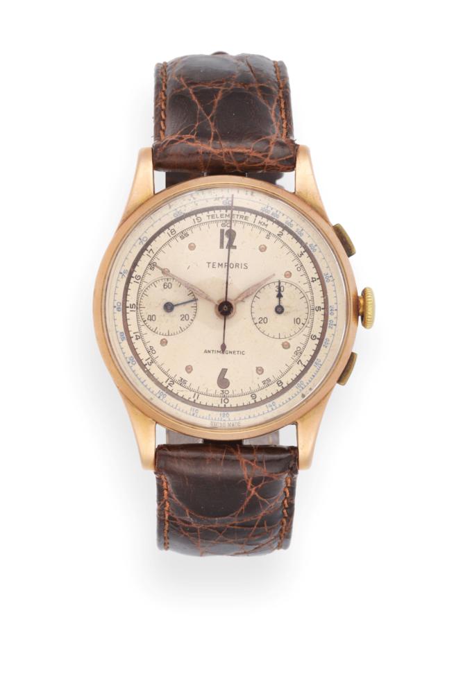Lot 2217 - An 18ct Gold Chronograph Wristwatch, signed Temporis, circa 1950, lever movement, silvered dial...