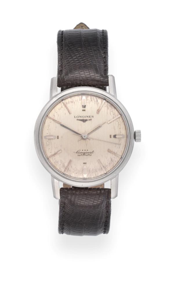 Lot 2218 - A Stainless Steel Automatic Centre Seconds Wristwatch, signed Longines, model: Conquest, ref:...