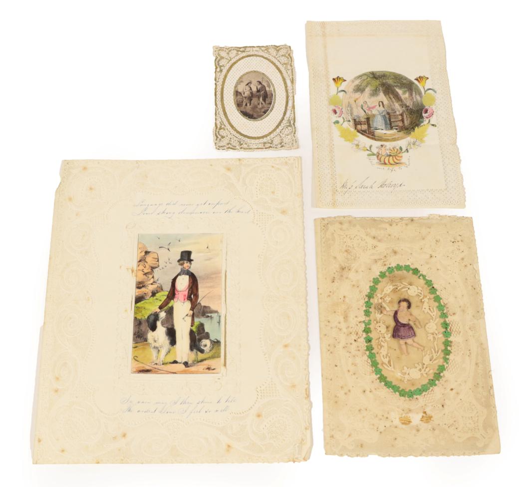 Lot 14 - Greetings Cards Four 19th century paper-lace cards, with ink MSS messages. One bears an...