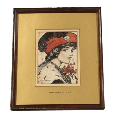 Lot 19 - Baumer, Lewis RBA Portrait study of a lady with red hat and red flowers, signed, pen, ink and...