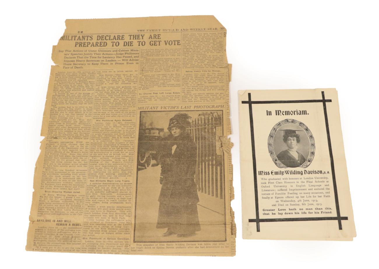 Lot 60 - Suffragette Movement In Memoriam Miss Emily Wilding Davison, B.A. Philp [sic] & Sons, [June]...