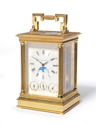 Lot 1021 - A Gilt Brass Striking and Repeating Alarm Carriage Clock with Calendar and Moonphase Displays,...