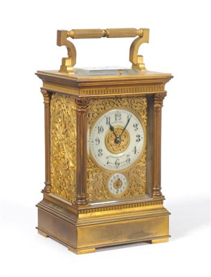 Lot 1023 - A Gilt Brass Quarter Striking Carriage Clock with Alarm, Retailed by Le Roy & Fils, 57 New Bond...