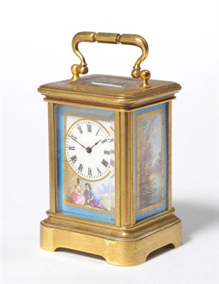 Lot 1024 - A Miniature Gilt Brass Porcelain Mounted Carriage Timepiece, circa 1890, the case with carrying...