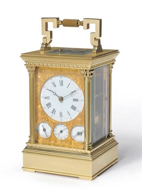 Lot 1029 - A Gilt Brass Striking and Repeating Carriage Clock with Calendar Displays and Alarm, signed L'Epee