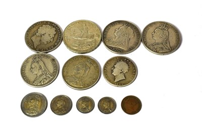Lot 2011 - British Silver/Bronze Coins: Crowns 1819 VG, 1890 F+, 1895 F+, 1935 AEF, Double Florins both Arabic
