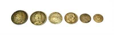 Lot 2014 - Six various silver coins Elizabeth I Sixpence 1578 mm Greek Cross F+, Charles II Fourpence 1679...