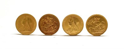 Lot 2038 - Victoria (1837-1901), Sovereigns (4), 1895, 1897 (2) and 1899, Sydney, old head left, (S.3877)....