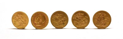 Lot 2052 - George V (1910-1936), Sovereigns (5), 1913 (2), 1915 and 1925, (S.3996) and 1923 Perth mint,...