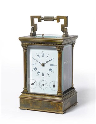 Lot 1034 - A Gilt Brass Striking and Repeating Calendar Alarm Carriage Clock, 20th century, the case with...