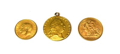 Lot 2065 - 1958 Sovereign, 1926 Half Sovereign and 1798 worn and solder mounted Guinea (3)