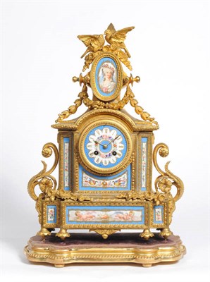 Lot 1038 - A Gilt Metal and Porcelain Striking Mantel Clock, circa 1880, the case surmounted by birds and...