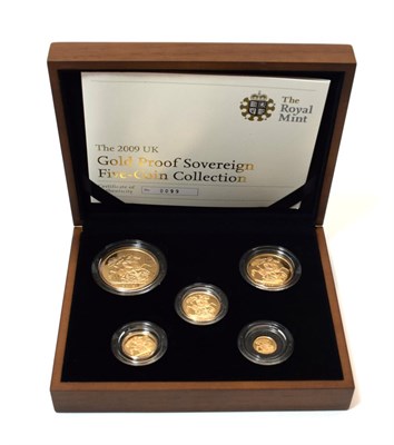 Lot 2097 - Royal Mint Gold Proof Sovereign 5 Coin Collection 2009 Black outer and wood Box and CoA