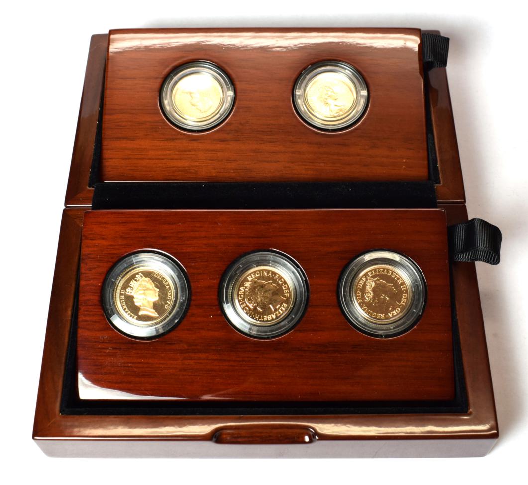 Lot 2105 - The Royal Mint Longest Reigning Monarch Five Sovereign Effigy Set. Complete with Booklet and...