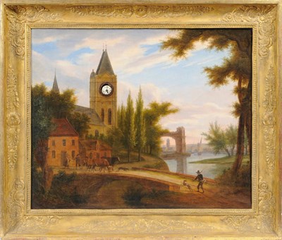 Lot 1048 - A 19th Century Clock Picture, circa 1830, the picture depicting figures crossing a bridge...