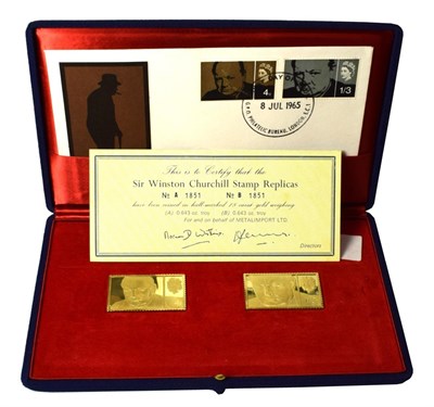 Lot 2204 - Sir Winston Churchill stamp replicas, 1965, struck in 18ct. gold, a 2-piece set weighing 40.2g...