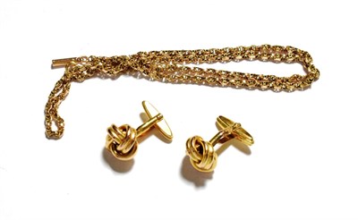 Lot 9 - A pair of 9 carat gold knot cufflinks; and a fancy link chain with applied plaque stamped '9C',...