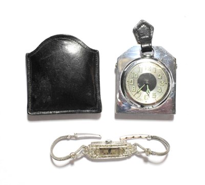 Lot 11 - A lady's diamond set wristwatch, circa 1930; and a chrome plated Art Deco travelling strut...