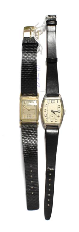 Lot 17 - An Art Deco silver tonneau shaped wristwatch and a plated rectangular shape Hamilton wristwatch