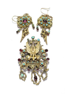 Lot 39 - An Austro-Hungarian brooch, measures 7cm by 4.7cm; and a pair of similar drop earrings, with...
