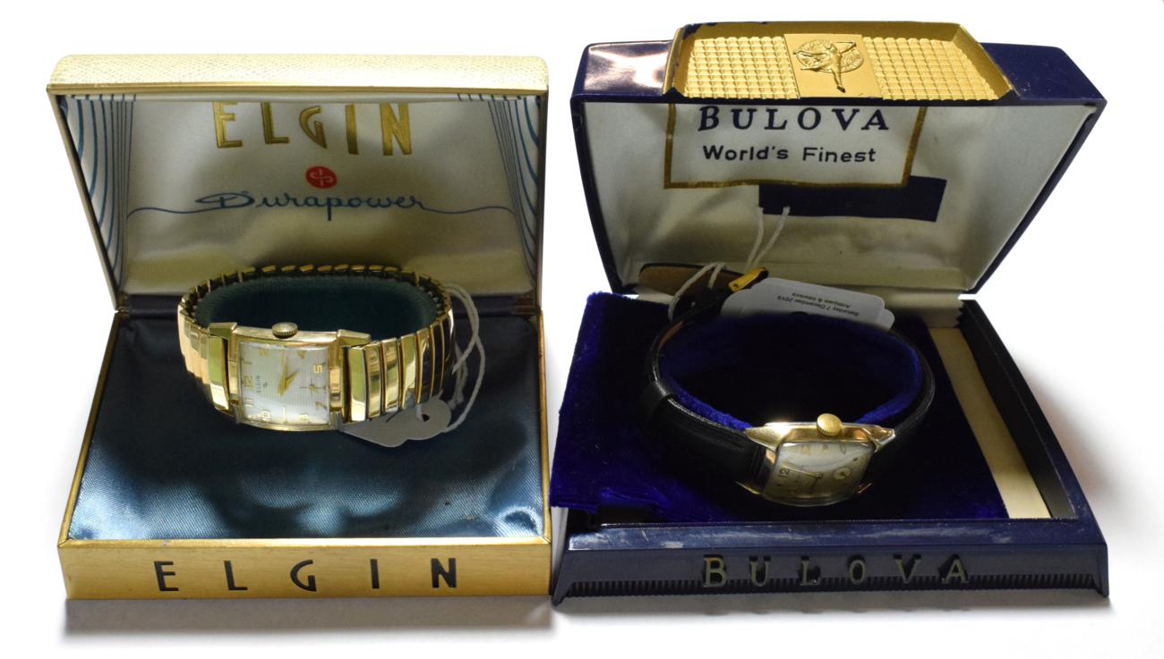 Lot 43 - A 10 carat gold plated Elgin wristwatch with original Elgin watch box, and a Bulova plated...