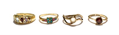 Lot 49 - An 18 carat gold turquoise ring, finger size P (a.f.); a 9 carat gold multi-gem set ring,...